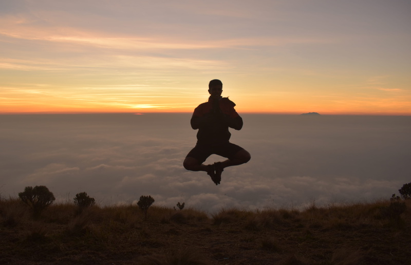 full length, tranquil scene, jumping, boyolali, lifestyles, dawn, person, pray, leisure activity, sunset, men, golden, beauty in nature, landscape, red sky