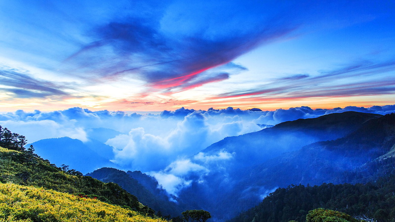 sun, season, land, cloud, forest, sea, scene, cloudscape, plant, mountain peak, clouds, beauty in nature, no people, tourism, scenics - nature, cloud - sky