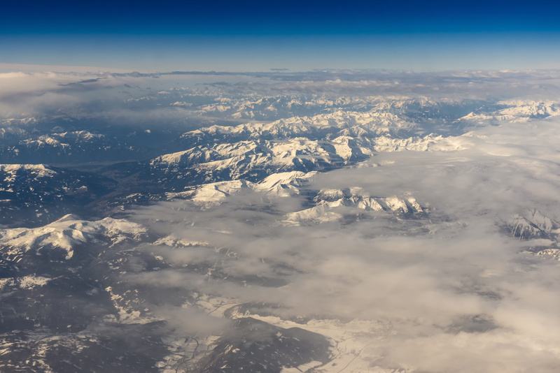 sea, above, heaven, nature, view into land, high angle view, clouds, sunlight, dramatic, snowcapped mountain, sky, no people, 5K, cloudscape, blue, day