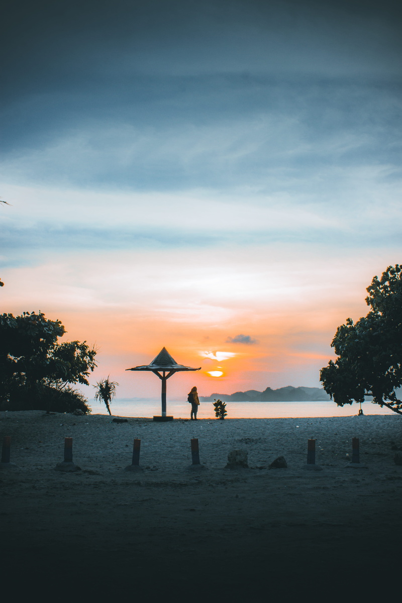 tree, orange color, idyllic, pantai batu bengkung, sky, red sky, water, beside, silhouette, tranquil scene, sea, tranquility, land, non-urban scene, plant