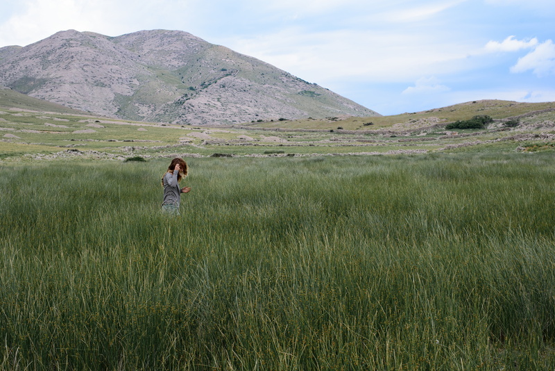 environment, people, nature, alone, woman, green, leisure activity, grass, walking, clouds, day, land, highland, long, outdoors, grassland, field, dress