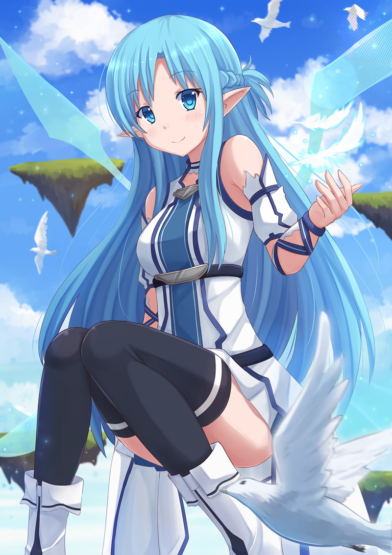 long hair, blue hair, anime, stockings, elves, Yuuki Asuna, 2K, Sword Art Online, anime girls, blue eyes