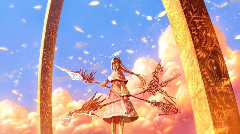 clothing, long hair, plant, nature, human arm, hairstyle, clouds, outdoors, low angle view, young adult, decoration, rpg game, celebration, beautiful woman