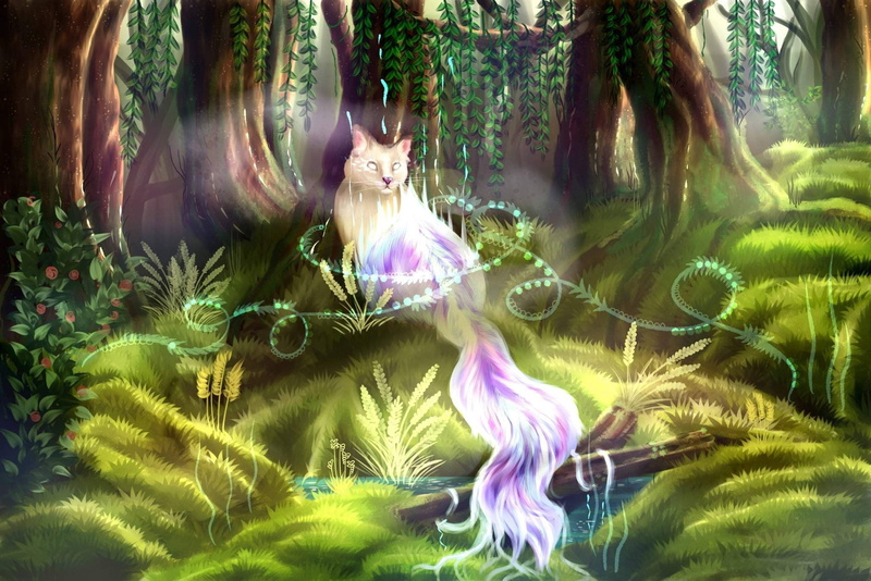 trees, green grass, mythical animal, 1080P, world of fantasy, призрачный кот