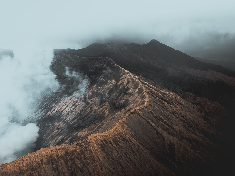 indonesia, trekking, volcanic landscape, mountain peak, crater, day, drone, outdoors, java, volcano, fog, smoke - physical structure, cloud, climate, land
