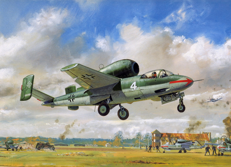 Heinkel, aircraft, fighter, people, building, single-engine, 2K, army, plane, People hunter, figure, clouds, the airfield, He-162, the sky, illustration