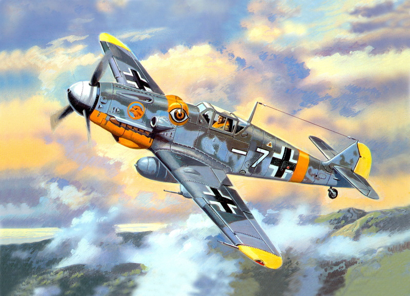 plane, army, side view, military, fighter, motion, no people, flying, grey, German, aerospace industry, Bf - 109G - 6, nature, art, cloud - sky, illustration