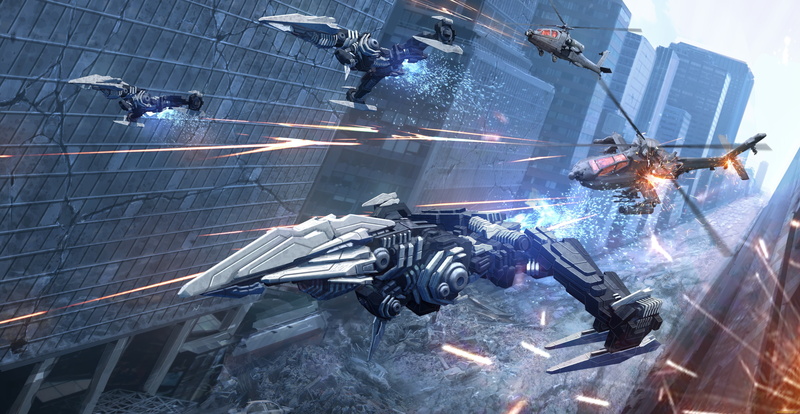 aircraft, digital art, battle, ruin, artwork, helicopters, city, futuristic, 5K