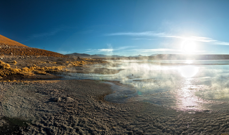 power in nature, beauty in nature, environment, nature, hot spring, lagoon, land, sun, sunlight, geology, no people, steam, 4K, volcano, landscape, scenics - nature