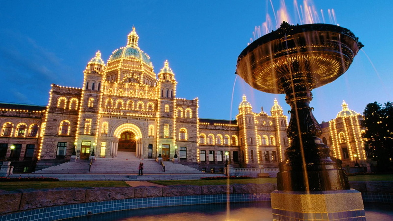 columbia, taj, steps, building, lights, water, provincial, mahal, 1080P, nature and landscapes, parliment, british, fountain