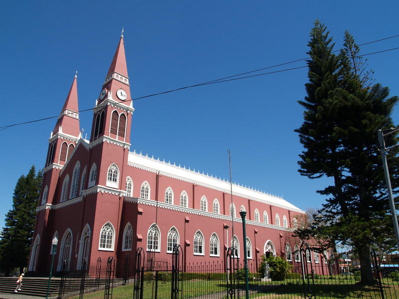blue, building, text, no people, catholic, built structure, city, spire, sunlight, nature, tree, costa rica, low angle view, clock, architecture, 2K, plant