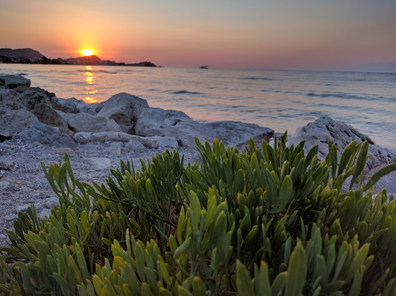 nature, sunset, growth, horizon over water, water, sea, horizon, rock, no people, idyllic, tranquil scene, beauty in nature, plant, scenics - nature, grecia