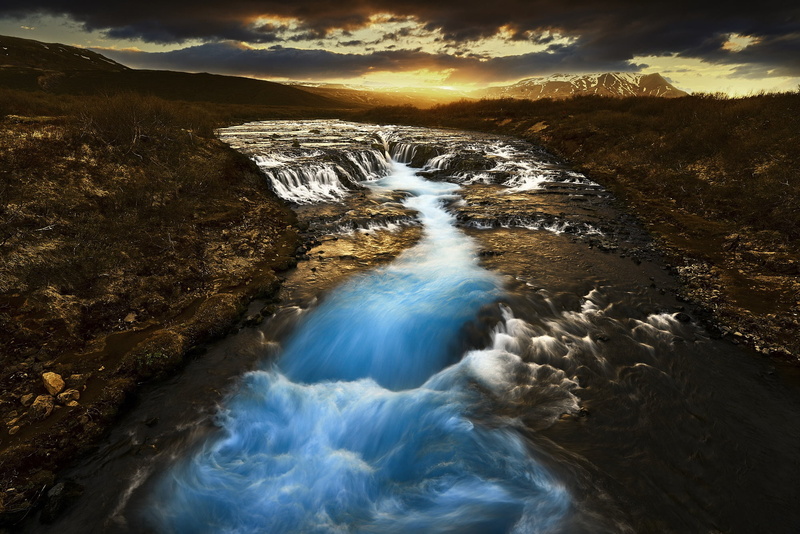river, waterfall, 1080P, Bruara River, sunset, cascade, Iceland, Bruarfoss, Arnessysla
