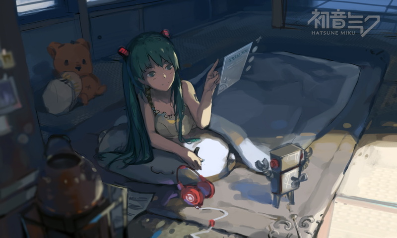 aqua, miku, 720P, robot, bear, headphones, bed, teddy, twintails, hair, eyes, vocaloid, niao, hatsune, zao
