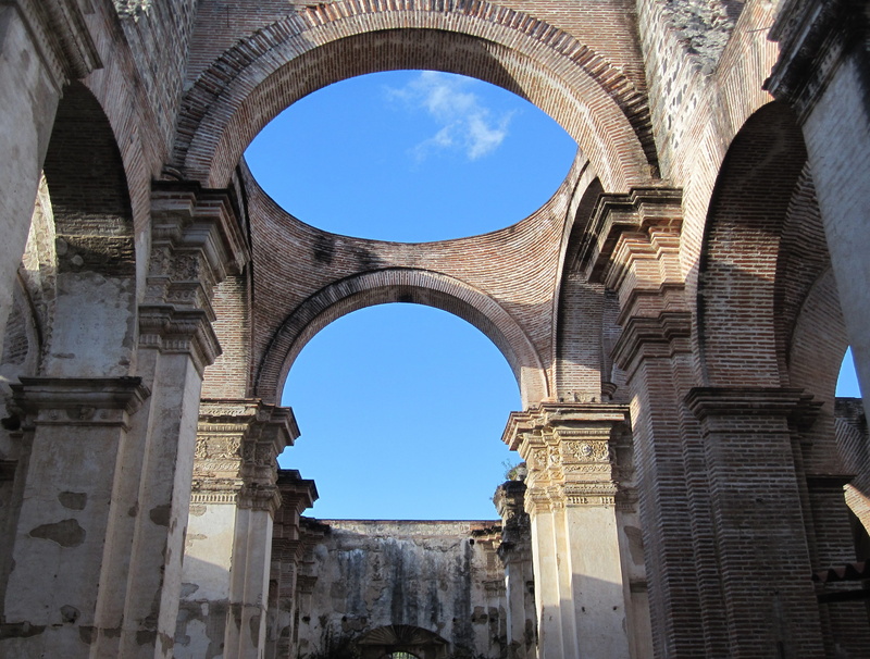 architecture, ruins, history, built structure, travel destinations, no people, the past, day, tourism, blue, historical, sky, guatemala, nature, antigua