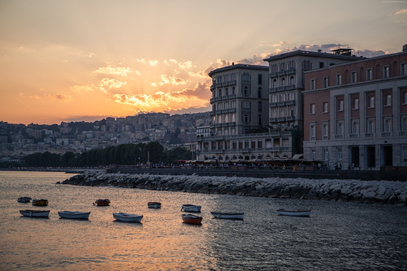 coast, Napoli, sunset, Italy, shore, 4K