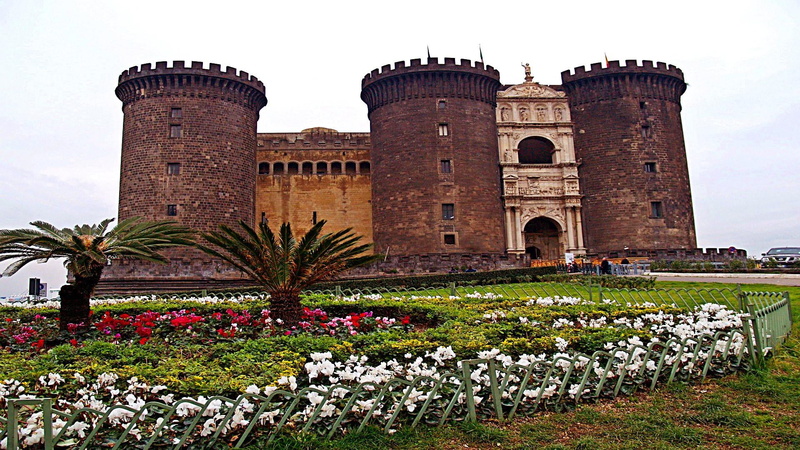 building, maschio angioino castle, flower, europe, architecture, nature, ornamental garden, italy, travel destinations, park, flowering plant, sky, ancient