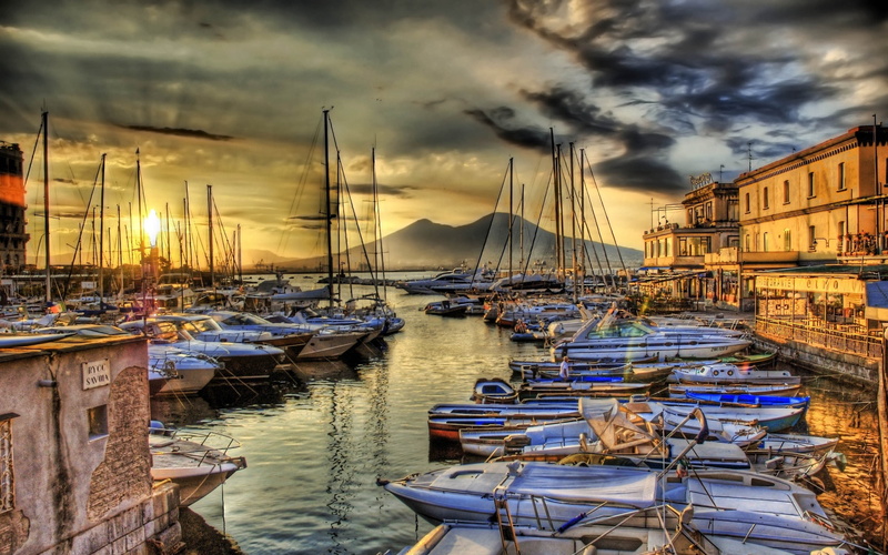 sky, nature, outdoors, built structure, port, sailboat, 2K, harbor, Pier, Hdr, mast, sunset, transportation, Naples, moored, no people, building exterior