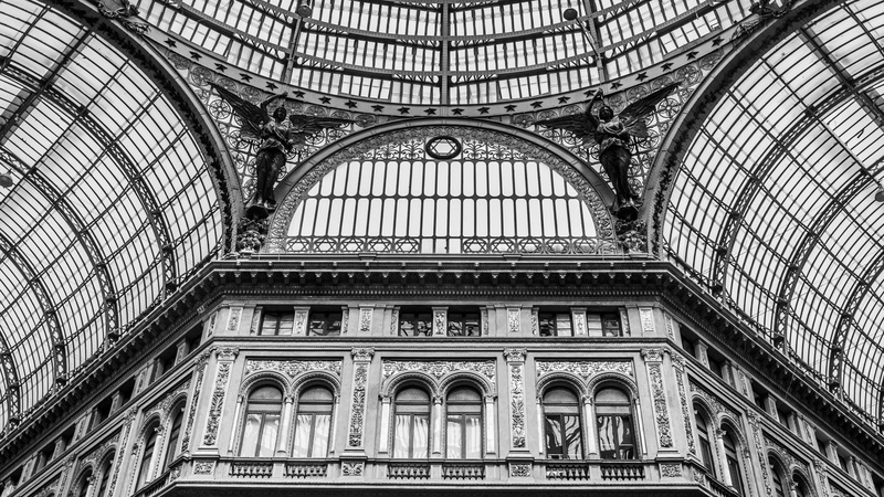 the past, photography, shopping mall, indoors, day, travel destinations, low angle view, italy, ornate, no people, tourism, naples, ceiling, railroad station