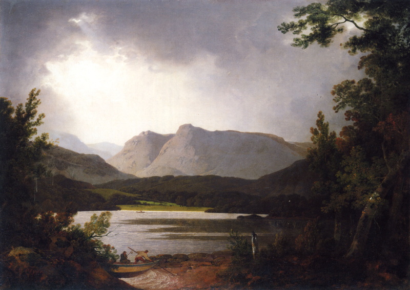Joseph Wright, no people, nature, classic art, tree, beauty in nature, land, plant, lake, tranquil scene, sky, environment, growth, scenics - nature, mountain peak