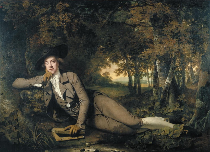 looking at camera, tree, young adult, real people, hairstyle, one person, clothing, Joseph Wright, casual clothing, classic art, nature, front view, contemplation