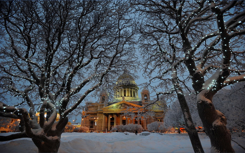church, trees, st, peterhof, winter, russia, 2K, snow, petersburg