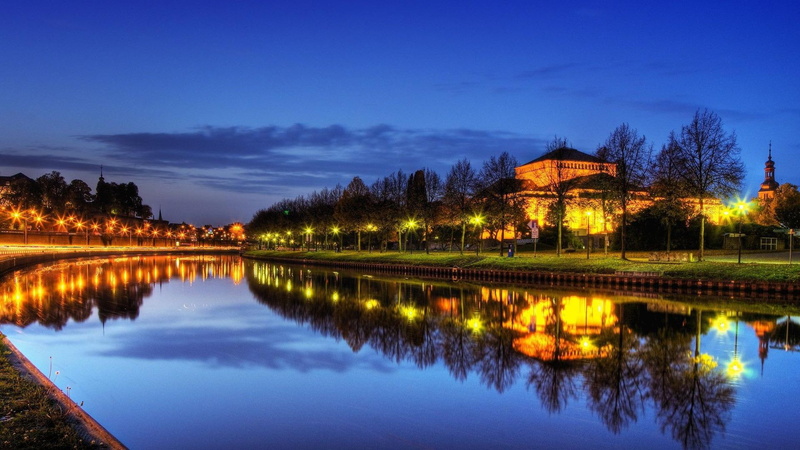city, saarbrucken, night, trees, nature and landscapes, lights, germany, 1080P, still, river
