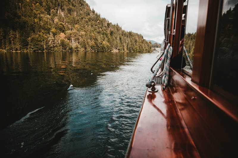 transportation, boat, river, body, plant, lake KÃ¶nigssee, scenics - nature, sky, outdoors, nature, red, cloud - sky, nautical vessel, lake, beauty in nature