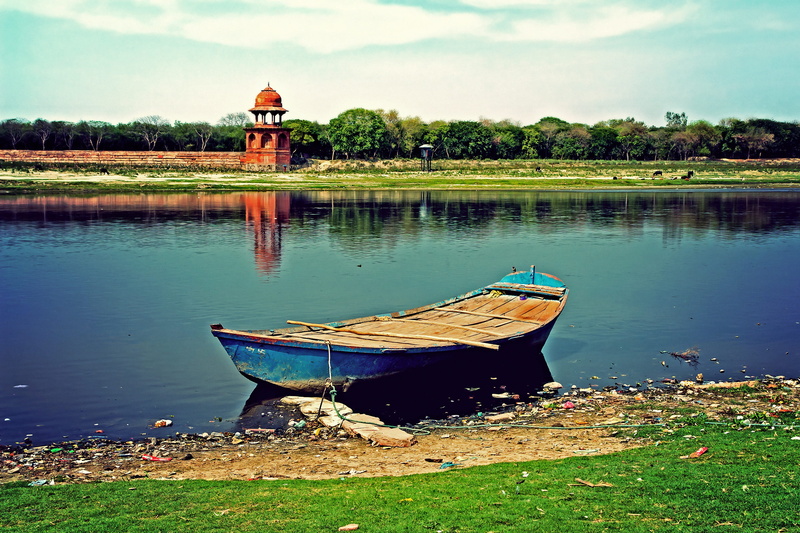 Boat, reflection, landmark, outdoors, landscape, lake, moored, plant, agra, built structure, rowboat, Rive, sky, cloud - sky, summer, 4K, travel, nautical