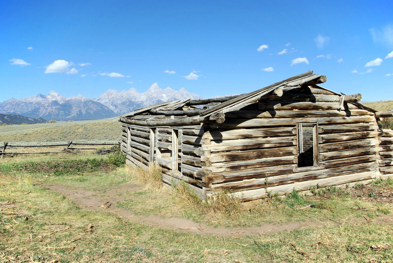 countryside, grand, no people, teton, plant, mountains, sky, sunlight, gros ventre cabin, wood, rustic, panorama, day, national park, landscape, field