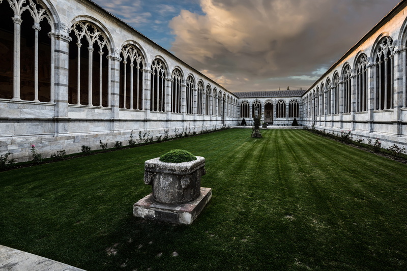 medieval, travel, landmark, religious, italy, white, outdoors, painted, colonnade, church, religion, cemetery, built structure, concrete, grass, dark, travel destinations