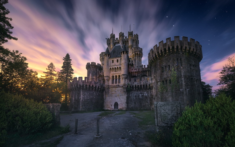 stars, night, castle, clouds, 1080P, light, Biscay, Spain