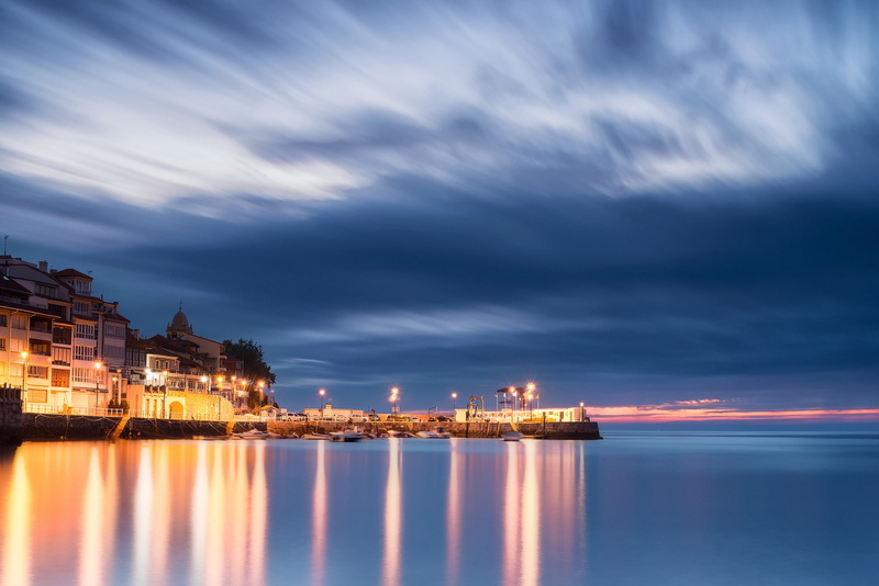 Spain, the evening, clouds, 1080P, port, lighting, lights, home, Asturias, The Bay of Biscay, the sky, blue