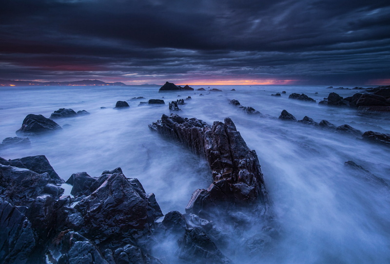 clouds, the evening, 1080P, horizon, shore, landscape, The Bay of Biscay, sunset, stones, rocks, the sky, Spain, twilight