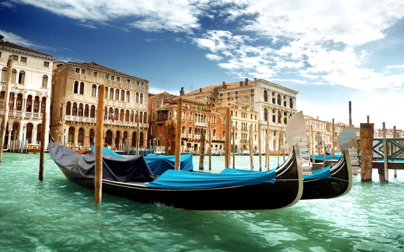 grande, canal, gondolas, water, italy, sea, architecture, clouds, buildings, boats, venice, sky, green, grand, 2K