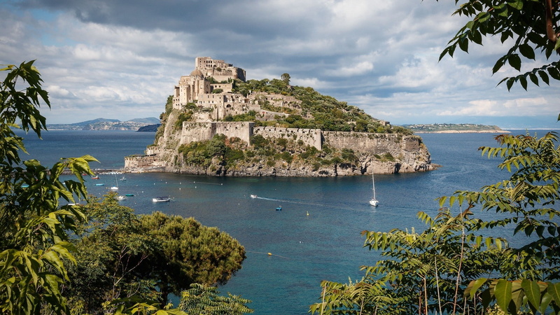building, monastery, island, trees, boat, nature, old, 1080P, italy, architecture, sea, old building, hill