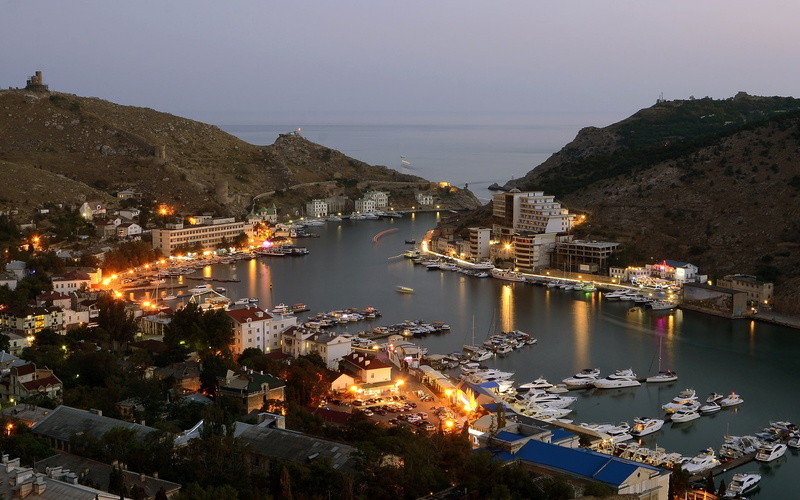 Boat, Balaklava, Night, 1080P, Sea, Lights, Dusk, City, Buildings