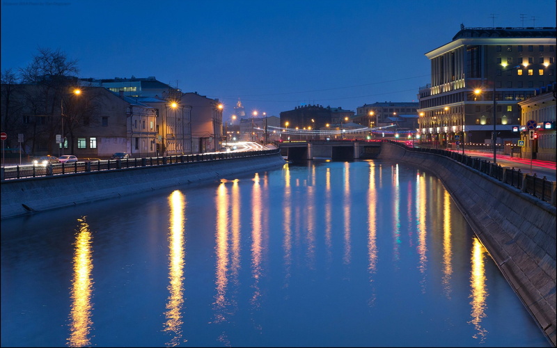 moscow, cities, canal, lights, russia, night, houses, reflection, street, 2K, river