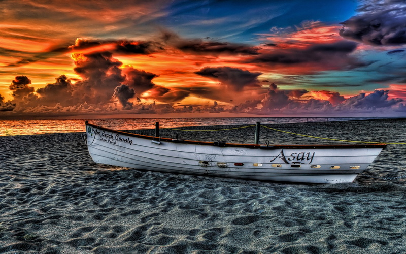 2K, sky, beach, boat, sea, sunset, landscape, cloudy