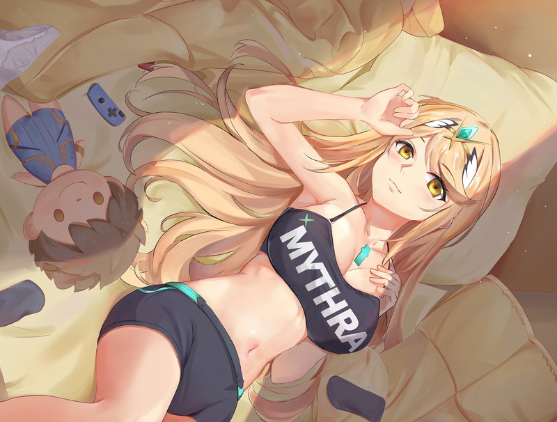 long hair, Xenoblade, underwear, panties, 1080P, belly, shorts, bed, yellow eyes, Hikari (Xenoblade Chronicles 2), doll, headband, blonde