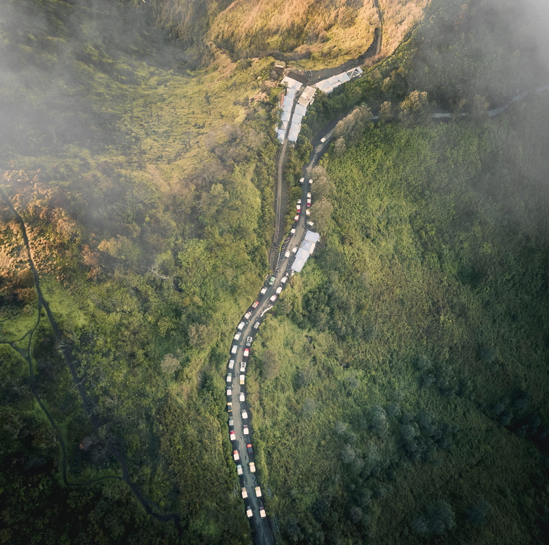 tranquil scene, road, day, green color, kingkong hill, aerial view, bromo mountain, land, tree, high angle view, indonesia, environment, rainforest, art