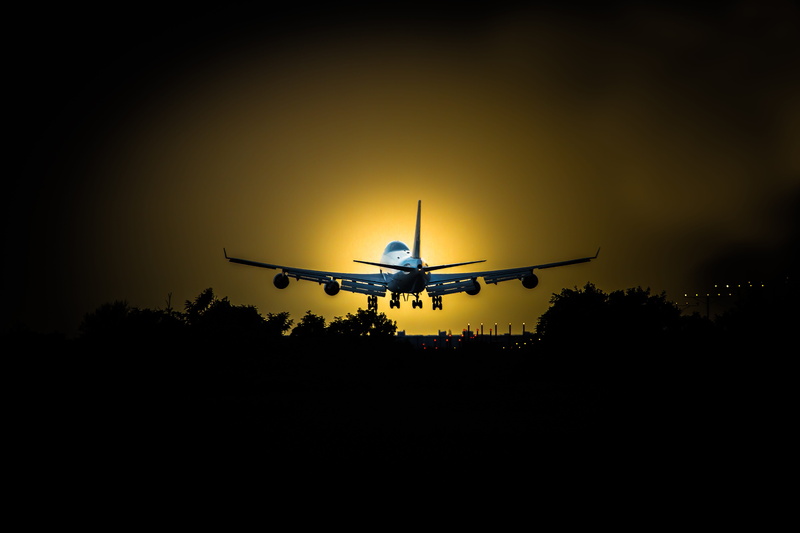air vehicle, outdoors, jet, silhouette, airplane, nature, landing, plain landing, aerospace industry, travel, dusk, evening, 747 boeing, motion, aircraft