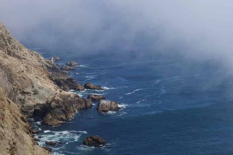 nature, water, outdoors, point reyes lighthouse, coast, solid, cliff, high angle view, land, scenics - nature, fog, non-urban scene, rock - object, day