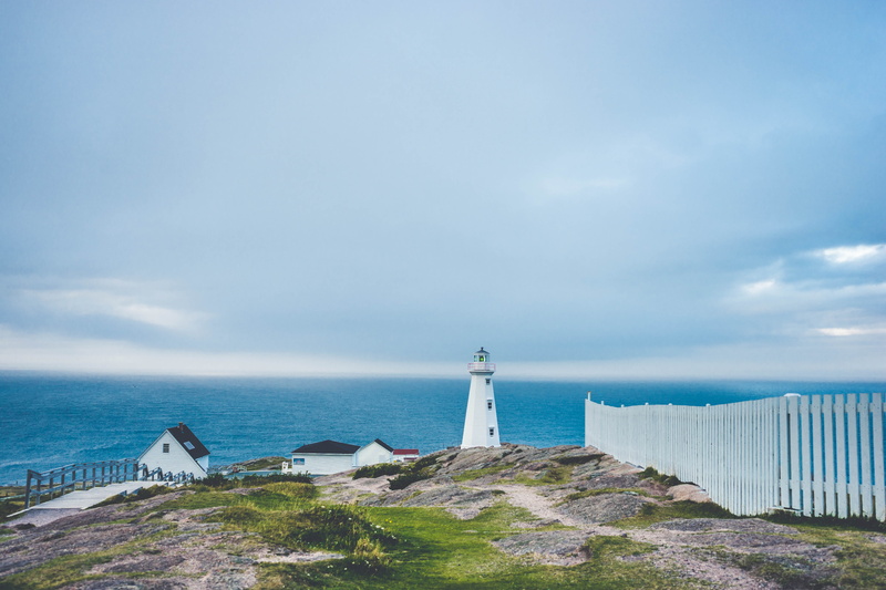 fence, tower, house, cloud - sky, protection, houses, two, no people, lighthouse, body, ocean view, landscape, newfoundland, wide, travel destinations
