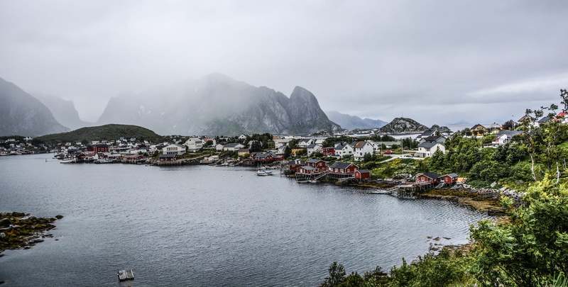 fjord, lofoten, scenic, harbour, cloud - sky, outdoors, building exterior, coastal land, building, mountain range, boat, coastline, built structure, nature