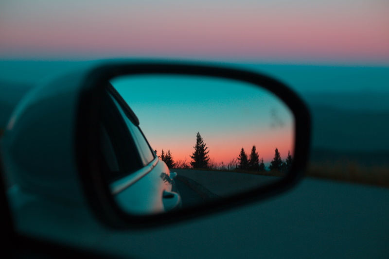 earth, rear-view mirror, sunset, mode of transportation, 5K, orange, great smoky mountains, road trip, purple, land vehicle, vehicle interior, transportation