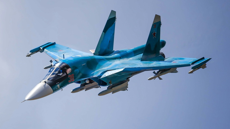military airplane, airplane, blue, aerospace industry, flying, explosive, no people, sukhoi su-34, sky, day, army, clear sky, transportation, airline, fighter aircraft