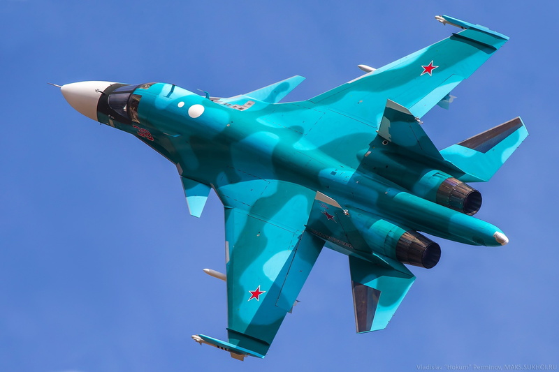 air vehicle, flying, military, outdoors, turquoise colored, clear sky, transportation, war, no people, 2K, fighter plane, aircraft military aircraft sukhoi su 34 russian army army
