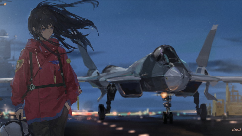 black hair, lights, aircraft, long hair, 1080P, anime girls, SU-57