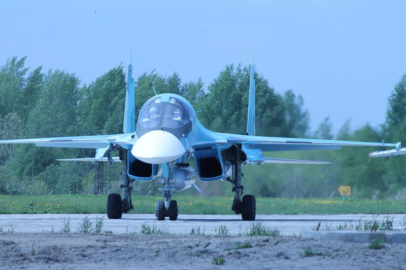 army, plane, airplane, Sukhoi Su-57, land, air vehicle, outdoors, day, 1080P, transportation, airport runway, clear sky, plant, no people, mode of transportation